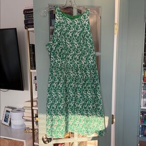 J. Crew Green and White Leaf Pattern Midi Dress